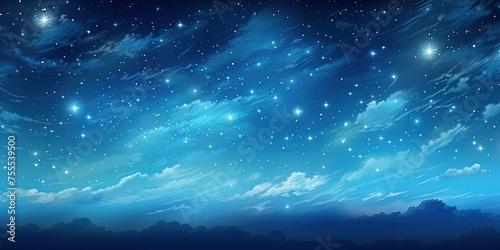 Aqua blue Heavenly sky. Sky of shooting stars  meteor shower  wide format background illustration. Space spectacle.