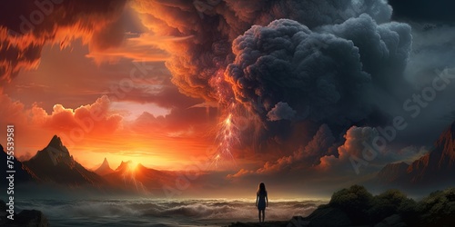 As the fiery volcano erupted against the vibrant sunset sky, a woman gazed in awe at the billowing clouds of smoke, a chaotic display of nature's power and the devastating effects of pollution photo