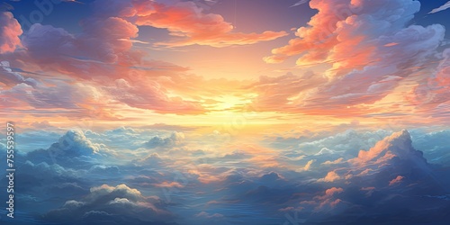Heavenly sky. Sunset above the clouds abstract illustration. Extra wide format. Hope, divine, heavens concept.