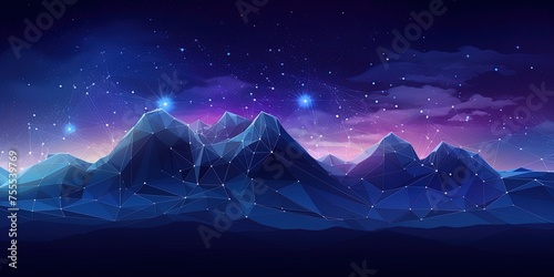 Abstract cyberspace landscape with mountains connected with lines in low poly style