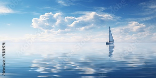 A single sailboat floating calmly on a crystal clear blue ocean under a sky with minimal clouds © Sanych
