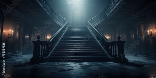 As the fog settles, a symmetrical staircase beckons with its handrail glowing in the light, leading towards the unknown depths of the building on a shadowy night photo