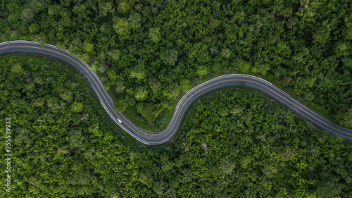 Aerial view road through the green forest, Car drive going through forest, Aerial top view forest, Texture of forest view from above, Ecosystem and healthy environment concept and background. © Kalyakan