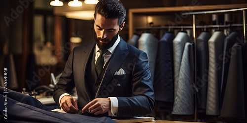 A men's suit tailor, making adjustments to a new suit. Well dressed gentleman, of a custom tailored suit shop.