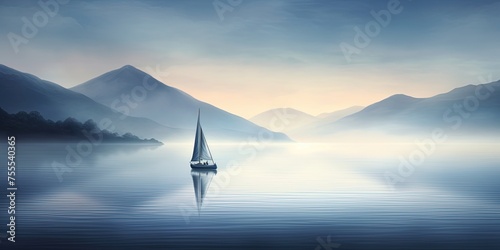 A serene image of a sailboat gliding over calm waters with misty hills in the background