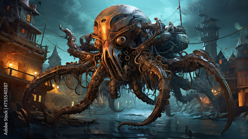 A mechanical octopus in a steampunk underwater city 