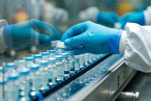 Technician Inspecting Vials on Pharmaceutical Production Line