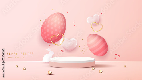 Happy Easter pink background and podium display for product presentation branding and packaging presentation. studio stage with eggs and rabbit background. vector design.