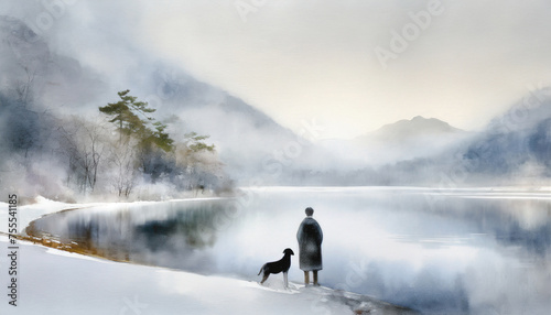 冬の湖畔を眺める男性とペットの犬の水彩画調,Generative AI,AI画像 