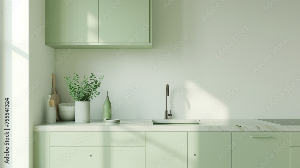 Fototapeta premium Clean and empty marble countertop, green vintage kitchen furniture with lots of flowers and bowl of strawberries, pair of white hanging pendant lights, various crockery in blurred background