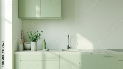 Clean and empty marble countertop  green vintage kitchen furniture with lots of flowers and bowl of strawberries  pair of white hanging pendant lights  various crockery in blurred background