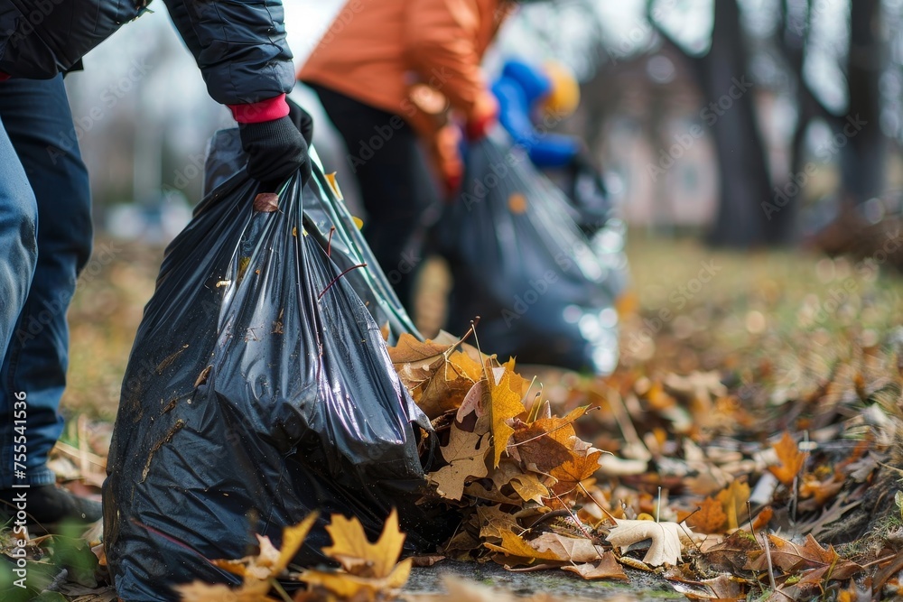 Two individuals are engaged in community service by collecting fallen leaves in a park during autumn, promoting environmental care and cleanliness Two individuals are engaged in community service by collecting fallen leaves in a park during autumn, promoting environmental care and cleanliness
