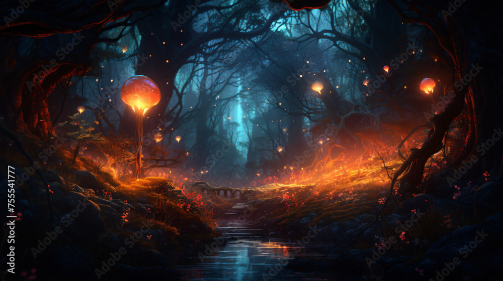 A mystical forest with glowing trees and magical creat