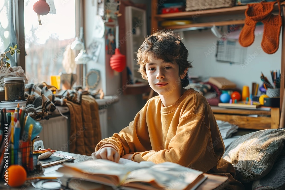 Fototapeta premium A boy sits pondering while studying, in a sunlit room decorated with personal items and educational materials