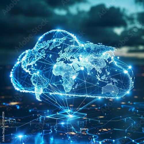 data transfer cloud computing technology concept. There is a large prominent cloud icon in the center with internal connections. and small icon on abstract world map polygon with dark blue background 