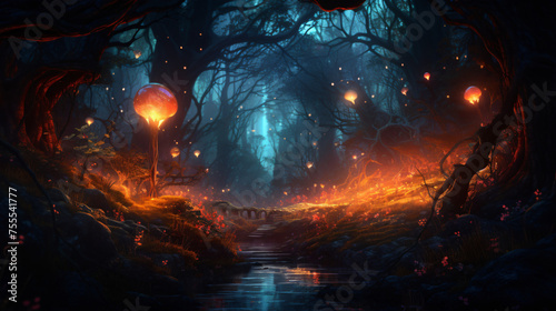 A mystical forest with glowing trees and magical creat © Hassan