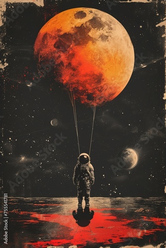 A lone astronaut floats with a red balloon against the stark backdrop of space