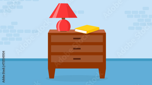 Bedside table with lamp and books. Vector illustration in flat style