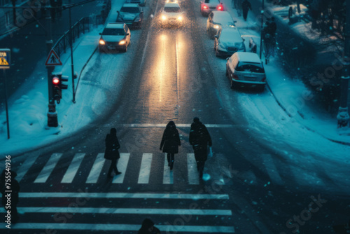 Pedestrians on Snowy Zebra Crossing at Dusk, Winter City Life