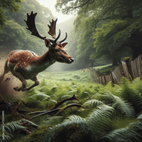 Fallow deer runs through green English countryside 