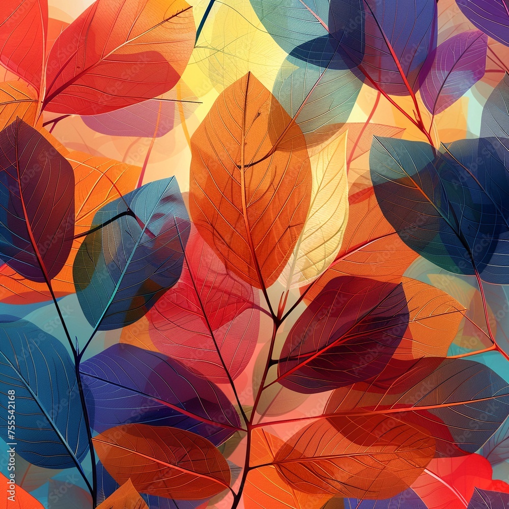 Vibrant artwork featuring a variety of digital leaves
