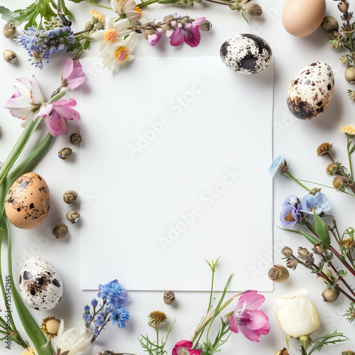 Easter quail eggs, flowers, and a blank piece of paper on a white background make up this composition. Concept for the spring holidays with copy space. aerial view. 