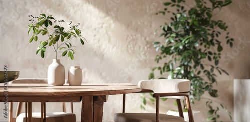 Stylish and botany interior of dining room with design craft wooden table, chairs, a lof of plants, big window and elegant accessories in modern home decor. Template.