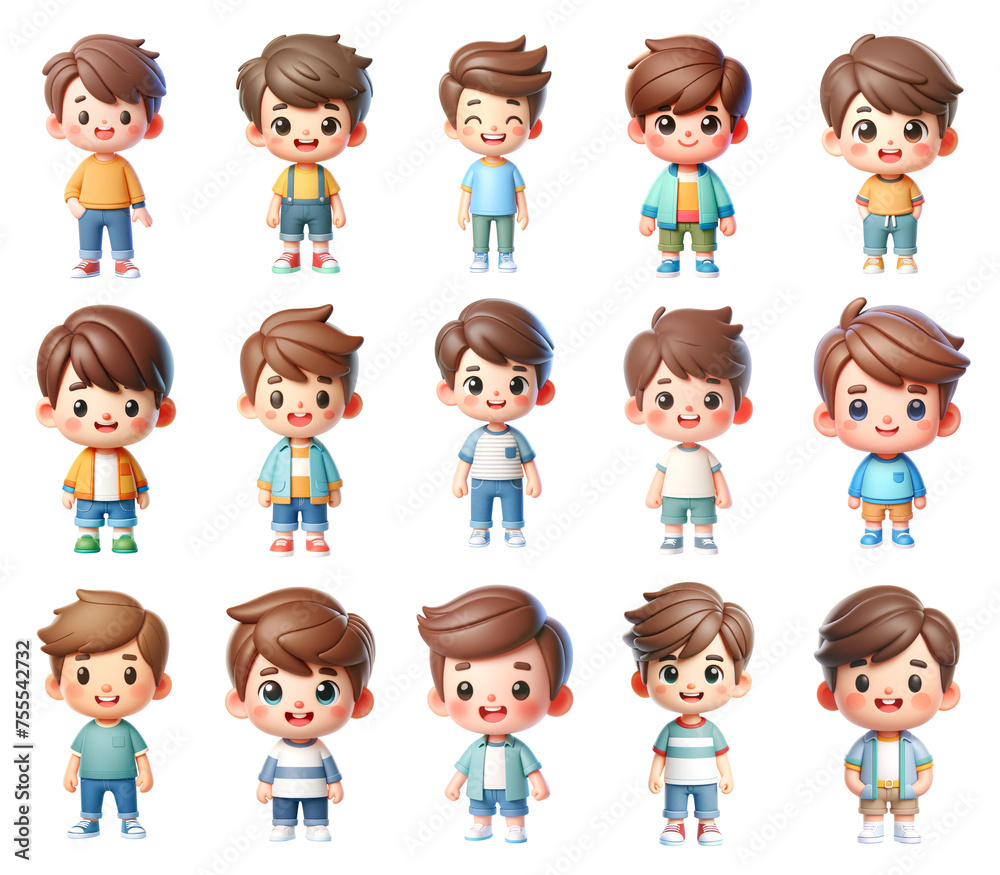 Collection of 3D cartoon-style boy characters in various outfits, with cheerful expressions. Collection of 3D cartoon-style boy characters in various outfits, with cheerful expressions.