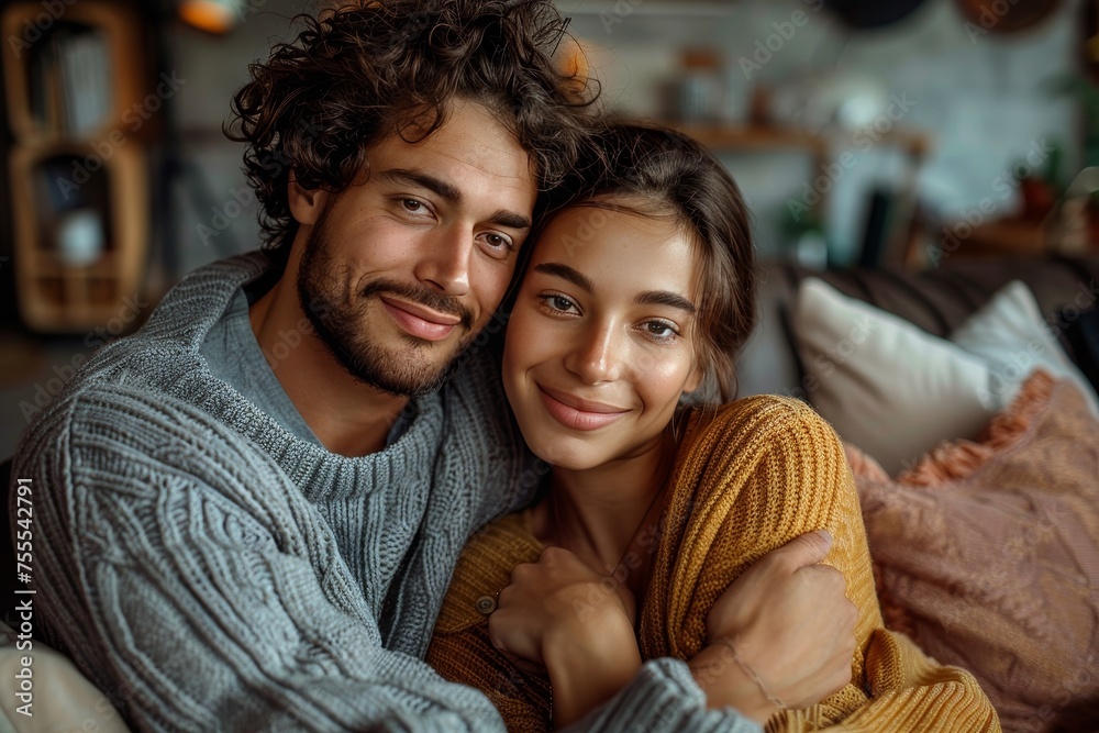 Fototapeta premium Close-up of a loving couple sharing an intimate embrace in cozy attire