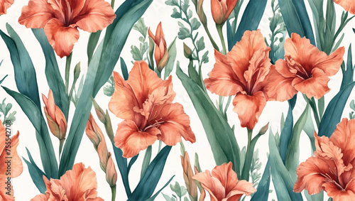 Beautiful seamless vector floral pattern, spring summer background with tropical flowers, palm leaves, jungle leaf, Alstroemeria flower, Exotic wallpaper, Hawaiian style, watercolour style
