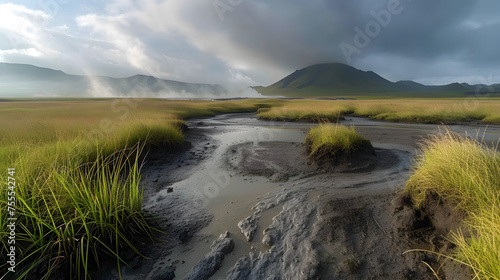 A landscape filled with bubbling mud pools and fumaroles background photo