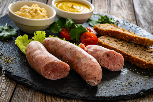 Easter breakfast - boiled white sausages, toasts and horseradish on wooden table
 photo