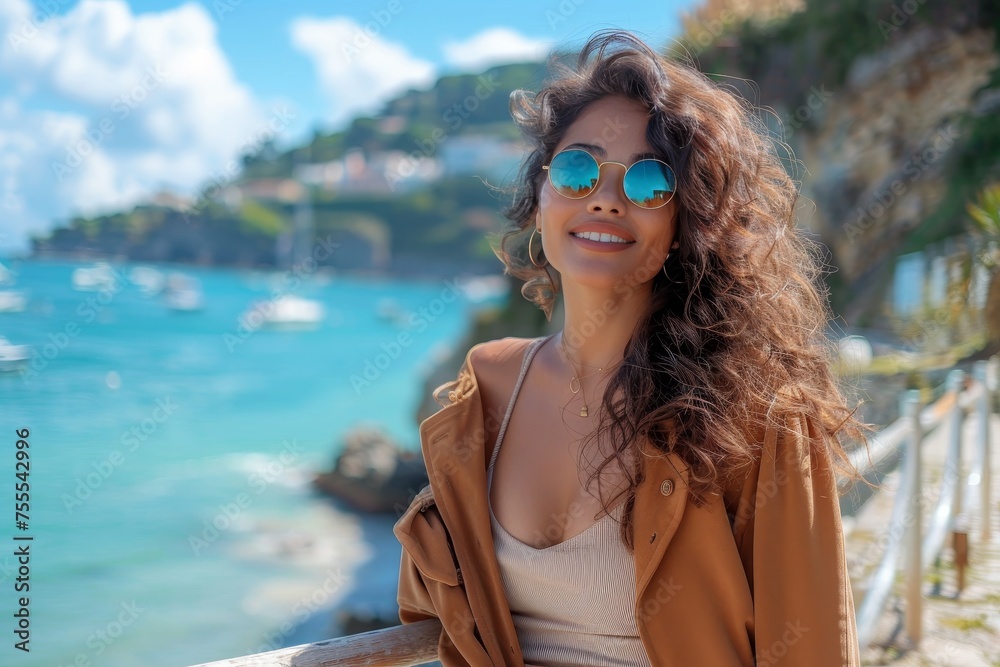 Casual chic woman wearing sunglasses and warm outfit enjoys a sunny day in a scenic coastal town with turquoise sea Casual chic woman wearing sunglasses and warm outfit enjoys a sunny day in a scenic coastal town with turquoise sea