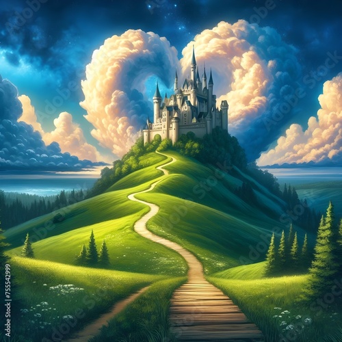 The path that leads to the castle and in the heart-shaped clouds illustrations. 