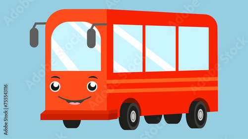 Cute red bus with smiling face. Vector illustration in flat style