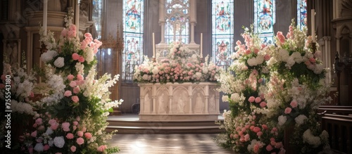A church is beautifully decorated with various vibrant flowers and flickering candles, creating a warm and inviting atmosphere for a special occasion. © TheWaterMeloonProjec
