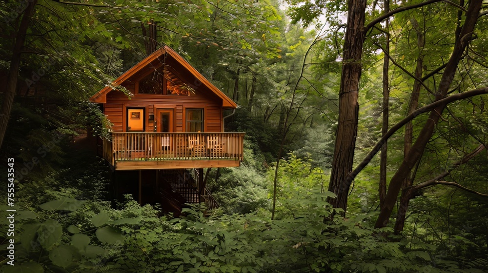 Wooden Cabin Hidden in the Forest:An old wooden cabin nestled amidst lush greenery, set in a tranquil and peaceful environment. This treehouse, shaded by the trees, offers a serene living space surrou