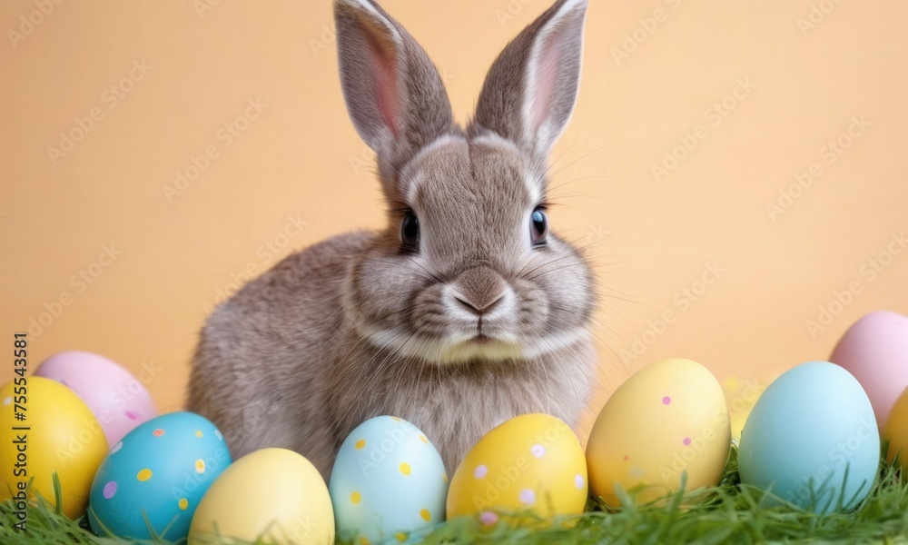 Easter bunny rabbit with colorful painted eggs on beige background. Easter holiday concept.Easter background and card concept.