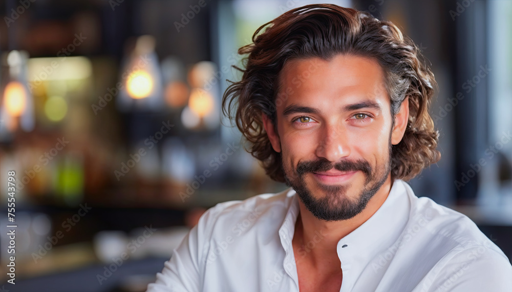 Fototapeta premium Portrait of a handsome young man smiling at the camera in a cafe