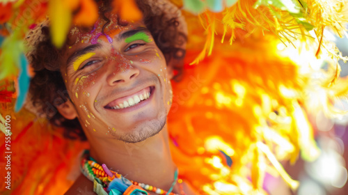 miling Man with Carnival Paint and Feathers