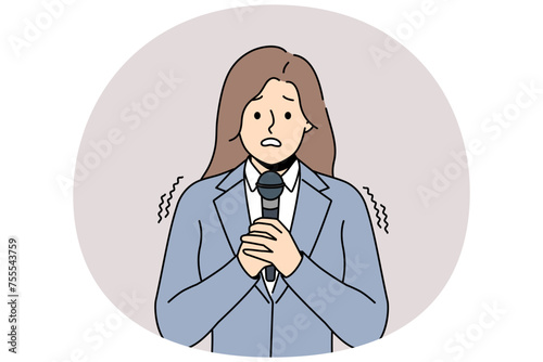 Anxious woman in suit scared talking on microphone on meeting or seminar. Worried female speaker with mic in hands feel terrified giving speech in public. Vector illustration.