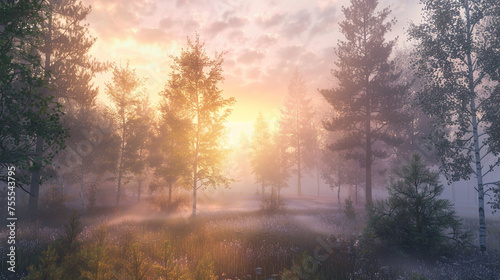 peaceful sunrise over a mist-covered forest