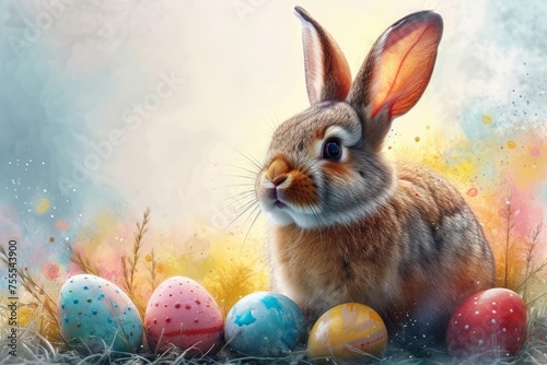 A fluffy brown and white bunny sits in the grass among several colorful Easter eggs on a colorful background, watercolor.