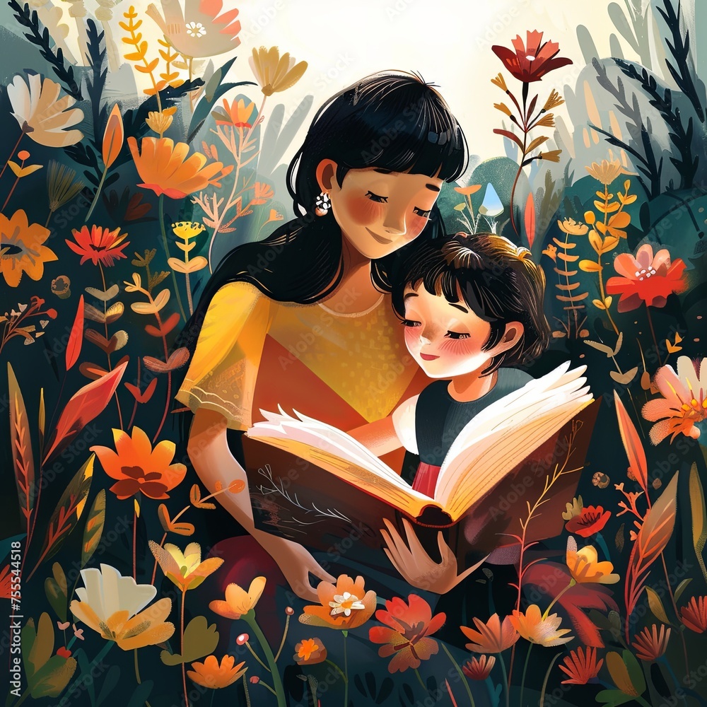 illustration of a mother and child reading a book, against a background of flowers. generative ai