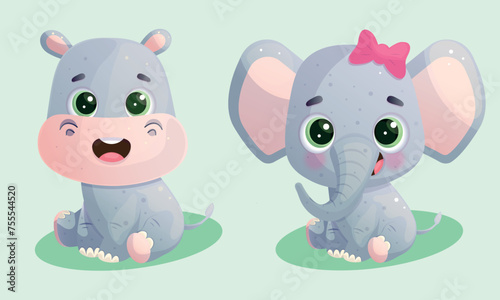 Cute elephant and hippo animal characters