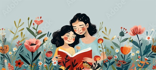 illustration of a mother and child reading a book, against a background of flowers. generative ai