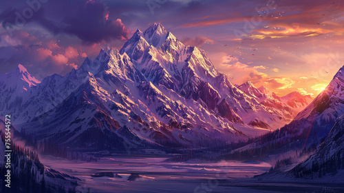 sunrise over a snow-capped mountain range