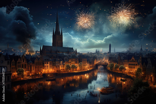 A magnificent fireworks exhibition decorates the nighttime urban scenery, setting the sky ablaze with vivid colors against the backdrop of an authentic city's distinctive charm and allure.