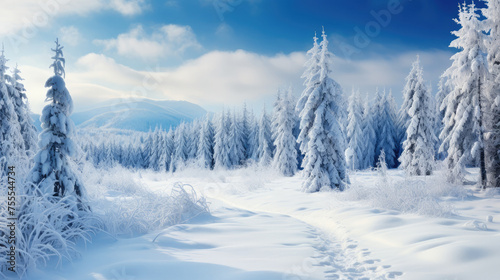 Peaceful and serene winter landscape with snow-covered fir trees standing against a backdrop of a pristine and tranquil snowy scenery, evoking a sense of calm and beauty in nature.