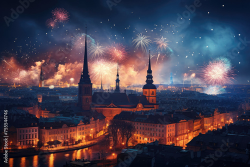 Vibrant bursts of fireworks light up the dark night sky, creating a stunning display over the authentic city, with its distinctive architecture and dazzling skyline. © Yuliia